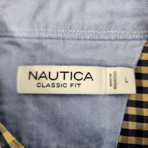 Nautica Mens Shirt Large Classic Fit Long Sleeve Button Up Pocket Blue Tan Check - Picture 7 of 10
